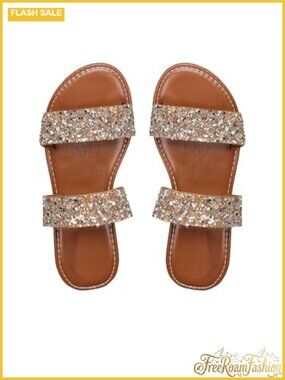 Glitter Rhinestone Flat Sandals Open Toe Double Strap Slip On Slides
